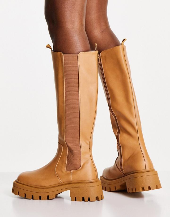 Asos Design Chestnut Square Toe Chunky Knee Boots In Camel-neutral