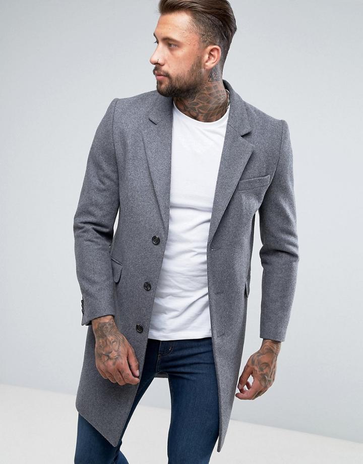 Asos Design Wool Mix Overcoat In Light Gray