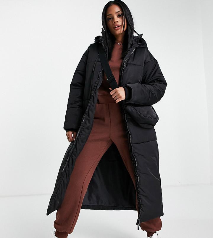 Asyou Satin Maxi Puffer Coat With Belt Bag In Black