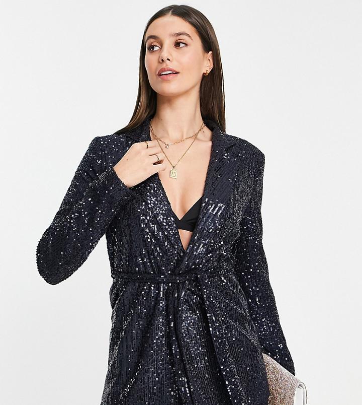 Asos Design Tall Jersey Sequin Suit Wrap Blazer In Midnight Navy