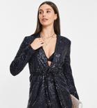 Asos Design Tall Jersey Sequin Suit Wrap Blazer In Midnight Navy