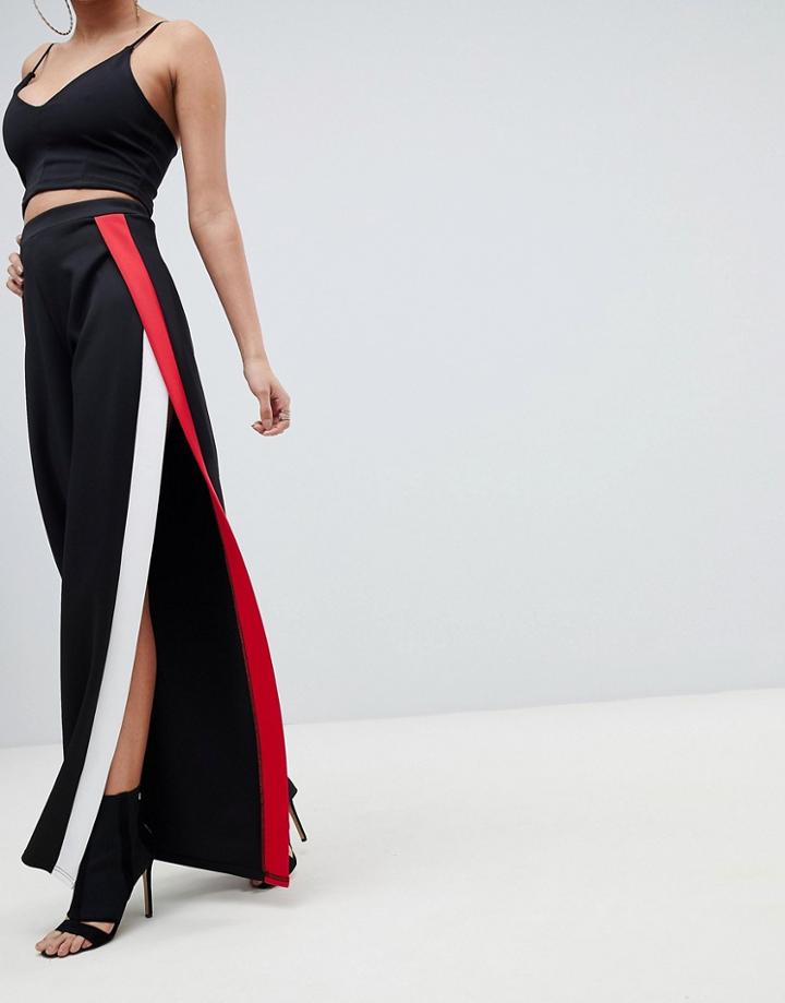 Prettylittlething Stripe Side Split Wide Leg Pants - Black