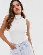 Stradivarius High Neck Sleeveless Ribbed Tank In White - White