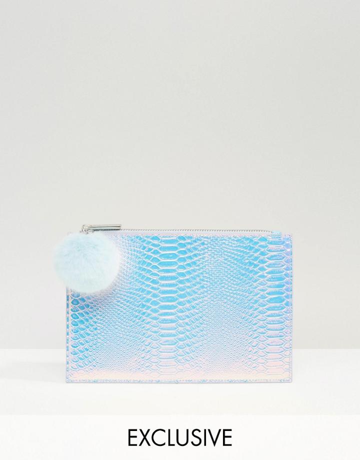 Skinnydip Exclusive Small Clutch Bag In Iridescent With Pom - Silver