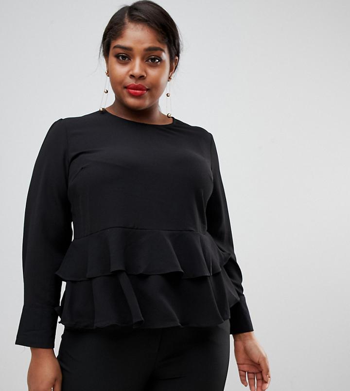 Brave Soul Plus Penelope Blouse With Double Ruffle Hem - Black