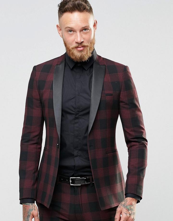 Asos Skinny Suit Jacket In Check - Burgandy