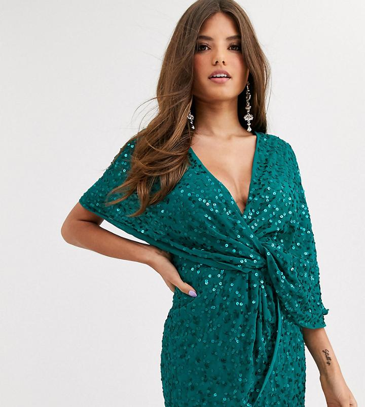 Asos Design Petite Scatter Sequin Knot Front Kimono Mini Dress-green