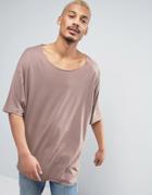 Asos Super Oversized T-shirt With Raw Scoop Neck In Brown - Brown