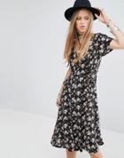 Kiss The Sky Button Front Midi Tea Dress In Grunge Floral - Black