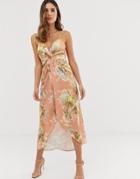 Hope & Ivy Knot Front Cami Strap Pencil Dress In Coral Floral Print - Orange