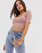 Asos Design Scoop Front And Back Crop Top In Sand - Beige