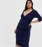 Koco & K Plus Soft Touch Plunge Front All Over Ruched Midi Cami Pencil Dress In Navy - Navy