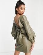 Ever New Pu Low Back Mini Dress In Soft Khaki-green