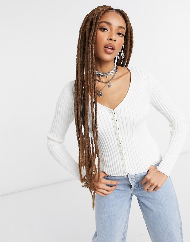 Na-kd Faux Pearl Button Cardigan In Off White