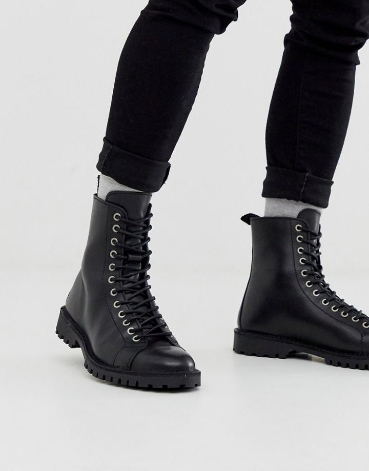 Selected Homme Lace Up Chunky Sole Leather Hiker Boots In Black