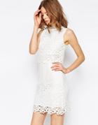 Asos Lace Cut Work High Neck Embellished Mini Dress - White