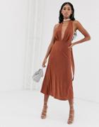 Asos Design 70's Plunge Sparkly Halter Tie Dress-orange