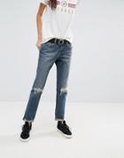 Asos Kimmi Shrunken Boyfriend Jeans In Misty Aged Vintage Wash With Busts And Rips - Blue