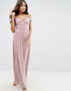 Asos Wedding Ruched Mesh Bardot Maxi Dress - Pink