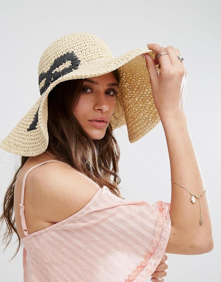 Asos Oversized Straw Floppy Hat With Bow Design - Beige