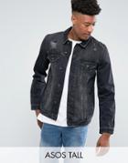 Asos Tall Denim Jacket In Black Wash With Rips - Black