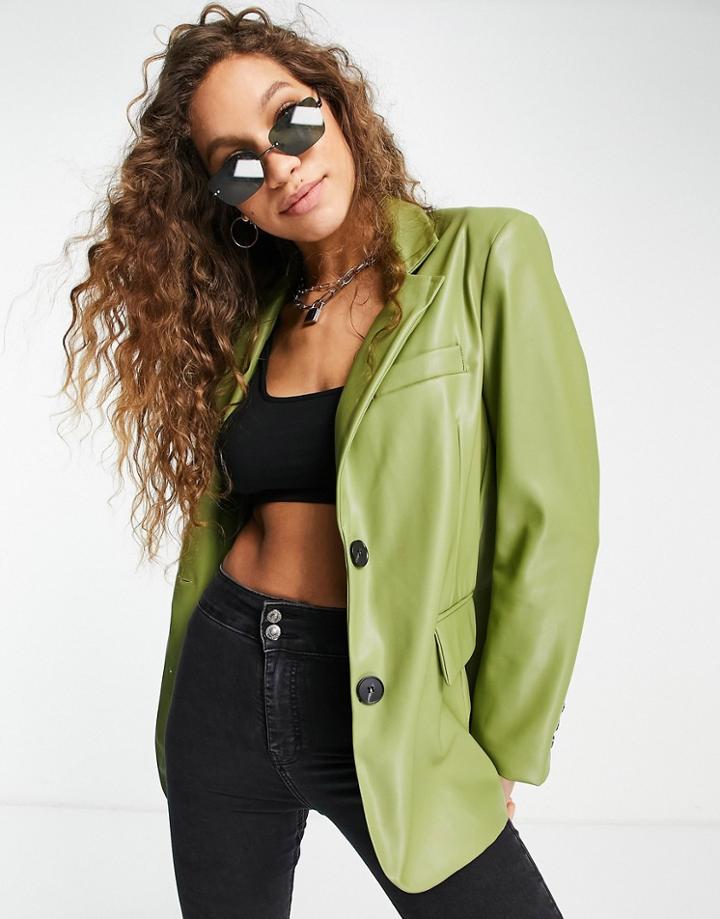 Bershka Oversized Faux Leather Blazer In Green