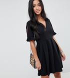 Asos Design Petite Mini V Neck Smock Dress With Frill Cuff - Black