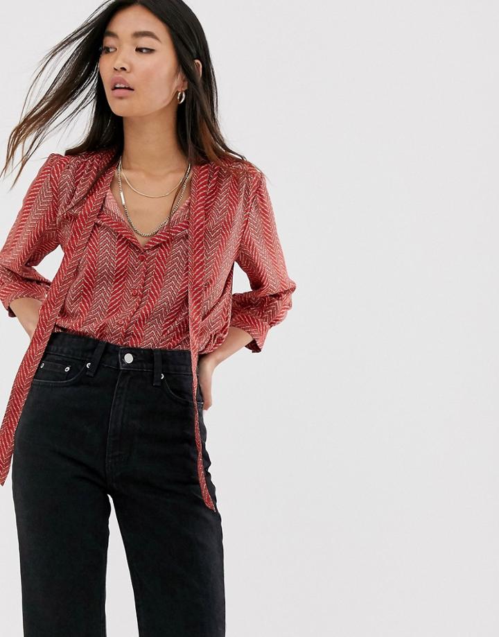 Only Printed Tie Neck Top-red