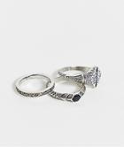 Asos Design Ring Pack With Stone And Emboss Detail In Burnished Silver Tone - Silver