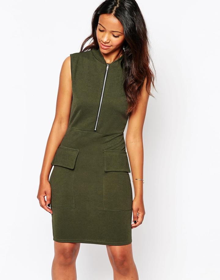 Daisy Street Dress With Zip Front - Khaki
