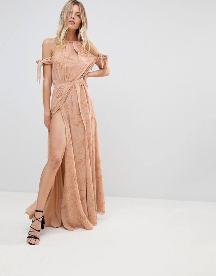 The Jetset Diaries Sierra Lace Thigh Split Cold Shoulder Maxi Dress - Pink