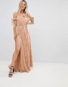 The Jetset Diaries Sierra Lace Thigh Split Cold Shoulder Maxi Dress - Pink
