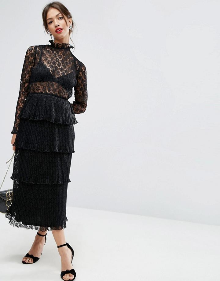Asos High Neck Dress With Tiered Hem In Lace - Black