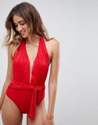 Missguided Plunge Halterneck Swimsuit - Red