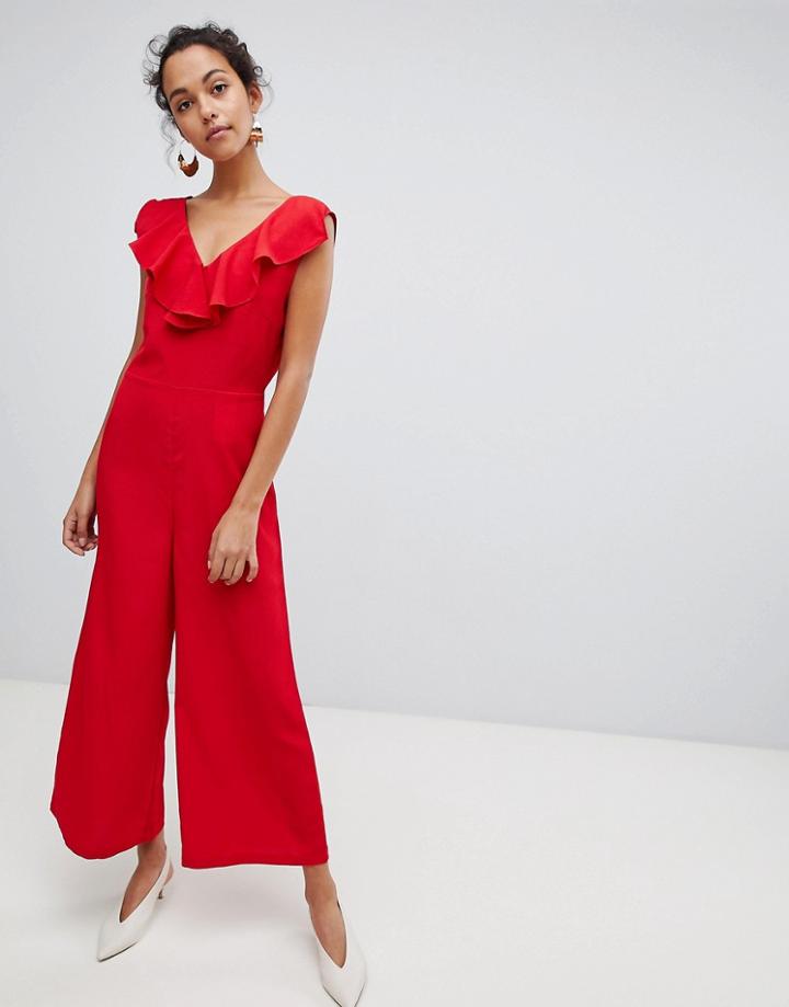 Vila Ruffle Detail Wide Leg Jumpsuit-red