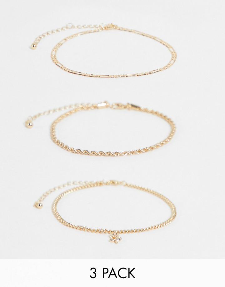 Topshop Pack Of 3 Rose And Chain Anklets In Gold