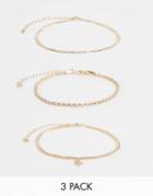 Topshop Pack Of 3 Rose And Chain Anklets In Gold