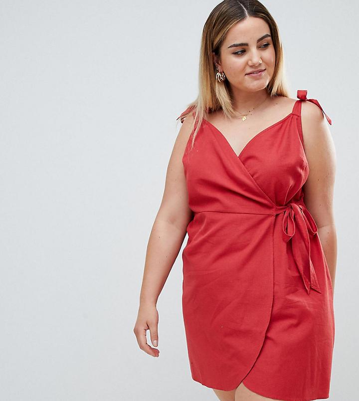 Asos Design Curve Linen Bow Tie Side Wrap Mini Sundress - Red