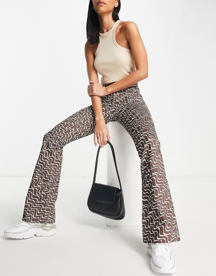 Asos Design Puddle Flare Pants In Chocolate Wavy Print-brown