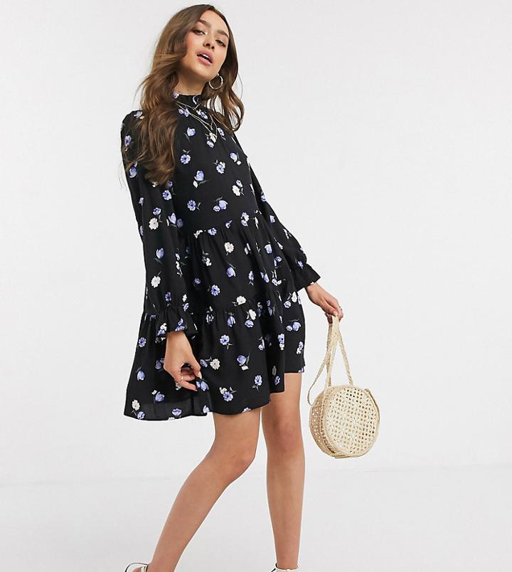 New Look Petite Frill Neck Tiered Mini Dress In Black Pattern