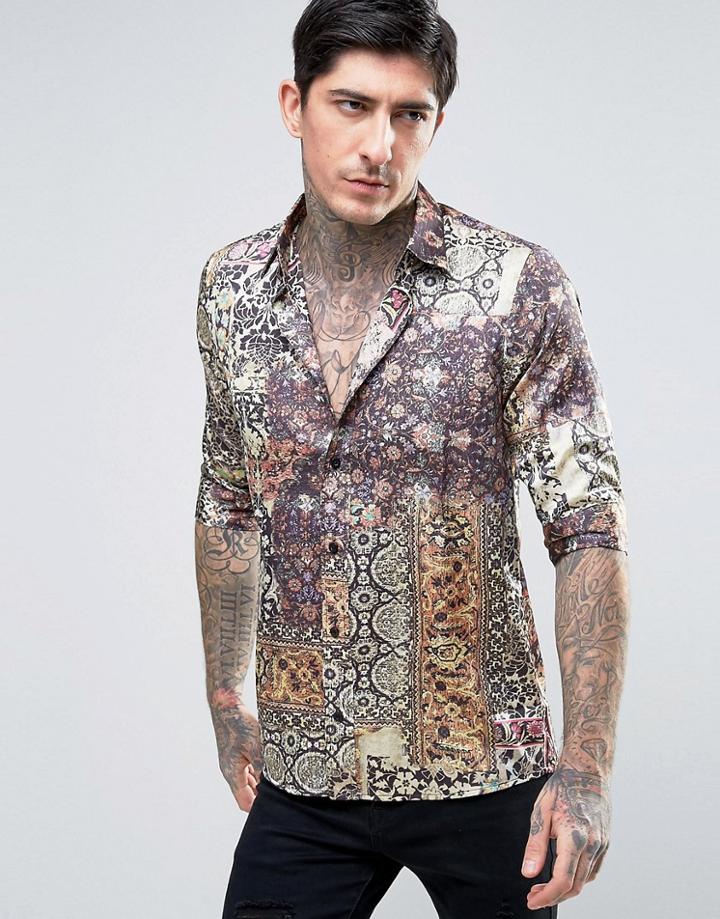 Rogues Of London Short Sleeve Skinny Satin Shirt In Print - Multi