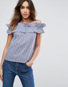 Asos Off Shoulder Top In Cotton With Ruched Edge In Gingham - Multi