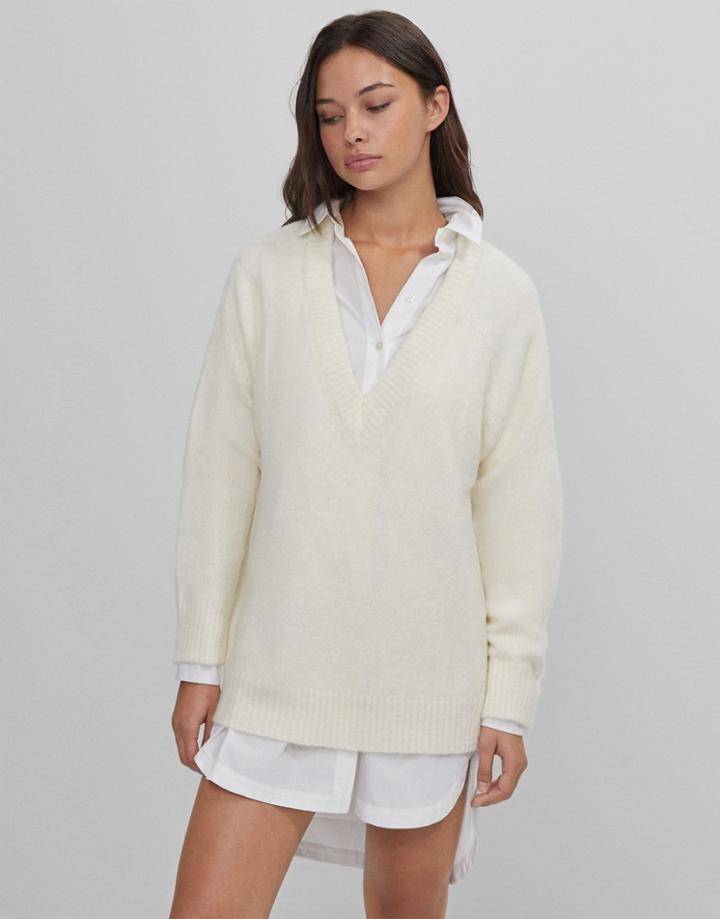 Bershka V-neck Fluffy Sweater In White