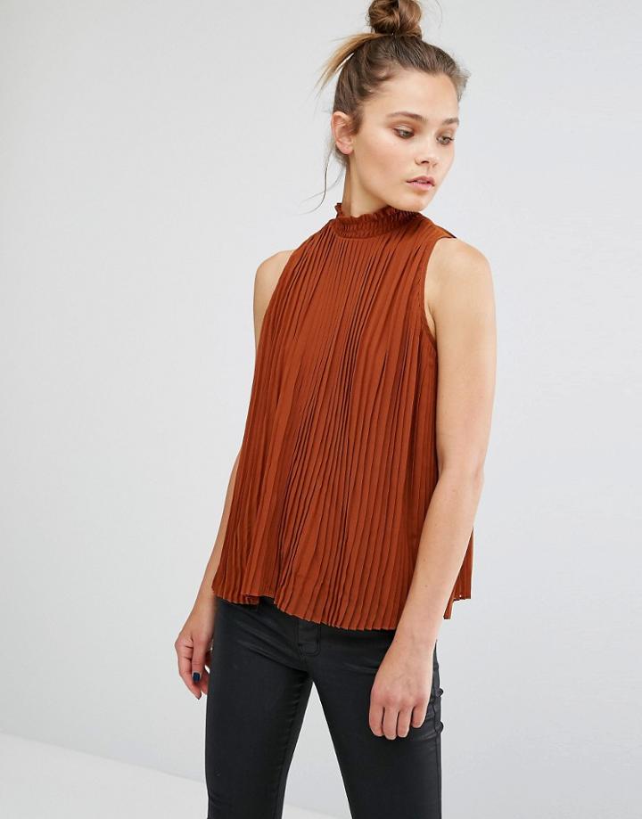 New Look High Neck Pleated Shell Top - Orange