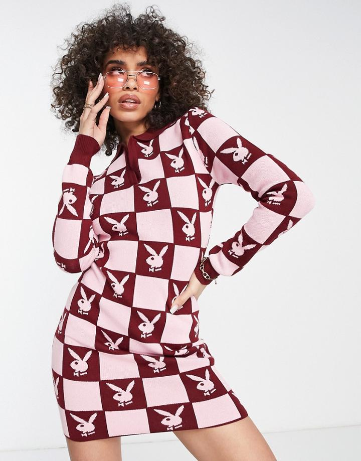 Missguided Playboy Checkerboard Mini Dress In Burgundy-red