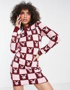 Missguided Playboy Checkerboard Mini Dress In Burgundy-red