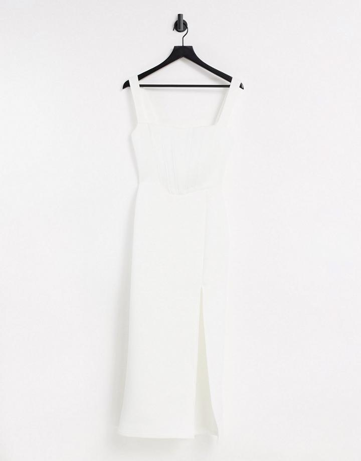 True Violet Exclusive Square Neck Body-conscious Midaxi Dress With Thigh Split In Ivory-white