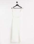 True Violet Exclusive Square Neck Body-conscious Midaxi Dress With Thigh Split In Ivory-white