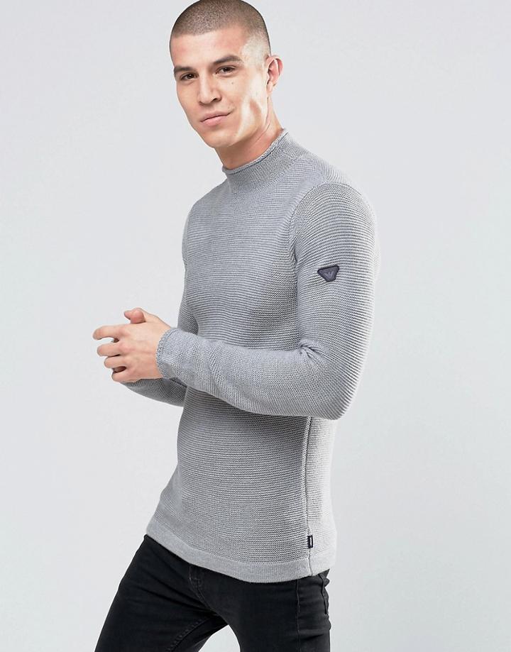 Armani Jeans Sweater With Textured Knit In Gray With Sleeve Logo - Gra
