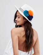 Asos Straw Fedora In White With Pom Pom Detail And Size Adjuster - White
